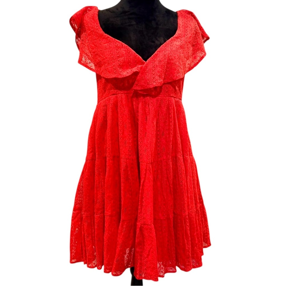 Free People Red Mini Dress Eyelet Lace Tiered Lined Size Small Coral Sleeveless